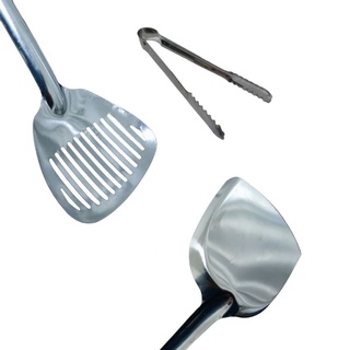 ชุดตะหลิวแบนมีร่องสำหรับทอดและตะหลิวแบนแบบผัดพร้อมที่คีบอาหาร