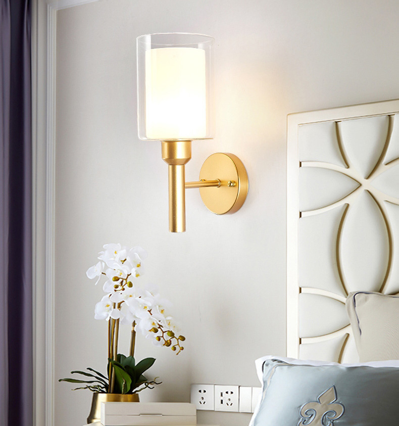 โคมไฟติดผนังภายใน โป๊ะโคมแก้วทรงกระบอก 2 ชั้น ตัวโคมสีทองสไตล์โมเดิร์นคลาสสิค [2034-gold]