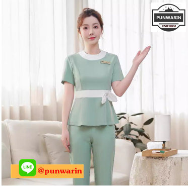 ชุดพนักงานนวดสปา ชุดพนักงานเสริมสวย ชุดพนักงานคลีนิคความงาม ชุดพนักงานคลีนิคศัลยกรรม SKU-03250 น้ำตาล เทา เขียว S-3XL