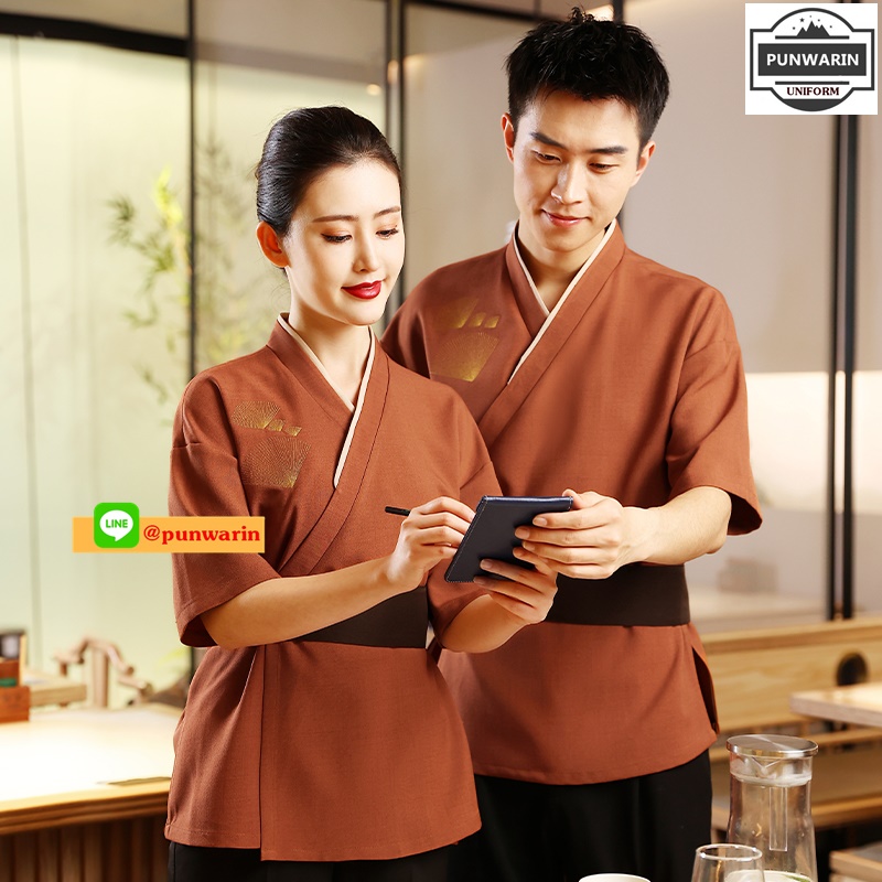 ชุดซูชิกิโมโนสไตร์ญี่ปุ่นเสริฟ สำหรับห้องอาหารญี่ปุ่นเกาหลีจีน เสื้อเชฟ พ่อครัว บริกร เสื้อซูชิ SKU-02953 สีภาพ S-3XL