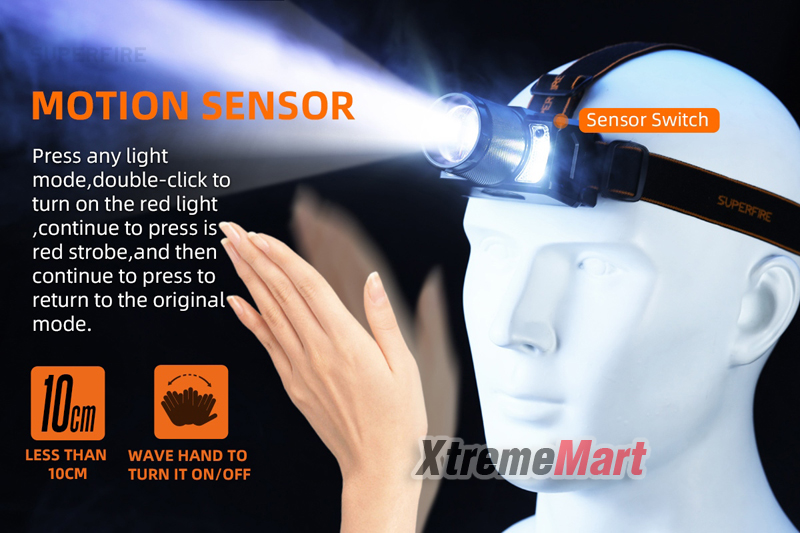 ไฟฉายคาดหัว Superfire HL25 แสงขาว + ไฟข้างสีแดง พร้อมระบบ Sensor มือโบกเปิด-ปิด (ชุดละ)