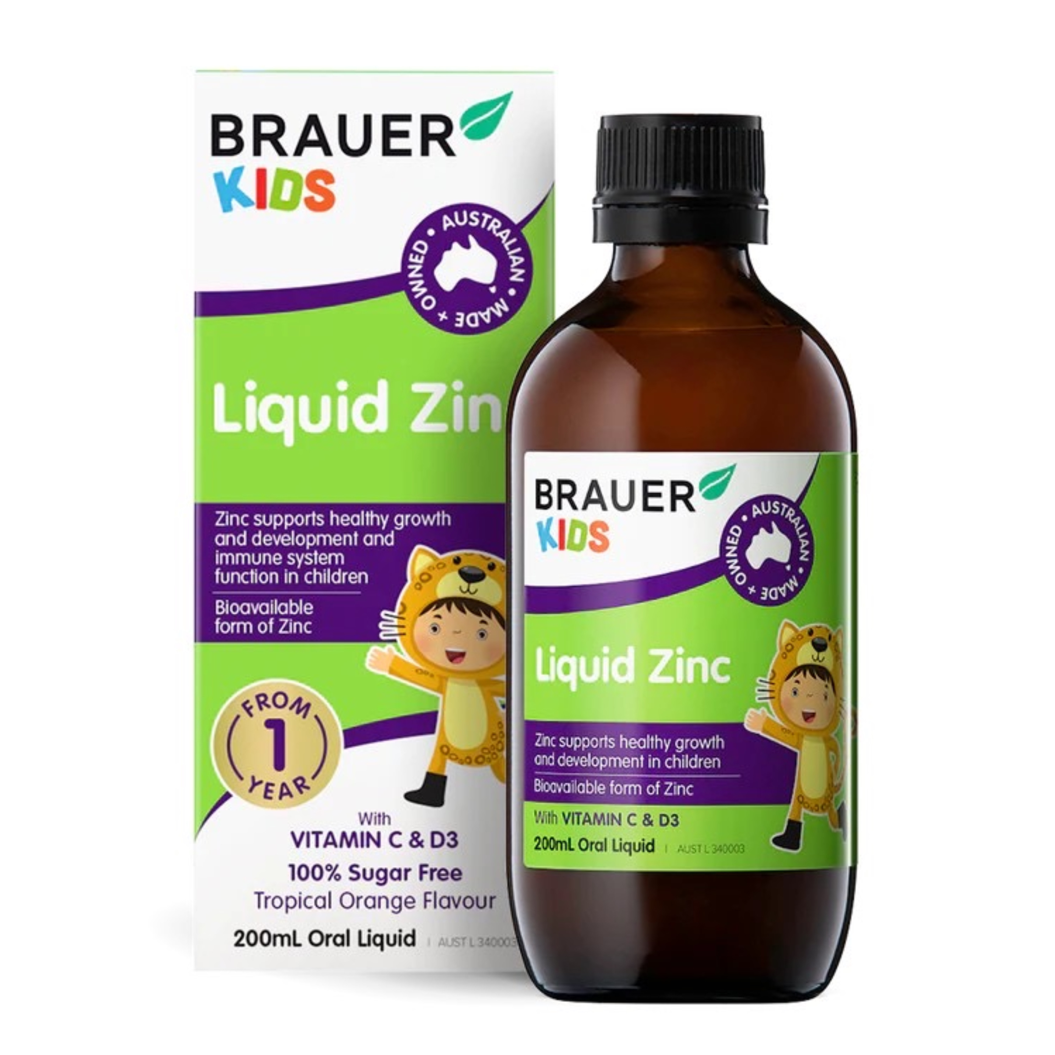 วิตามินเสริมภูมิคุ้มกันสำหรับเด็ก BRAUER Kids Liquid Zinc with Vitamin C & D3