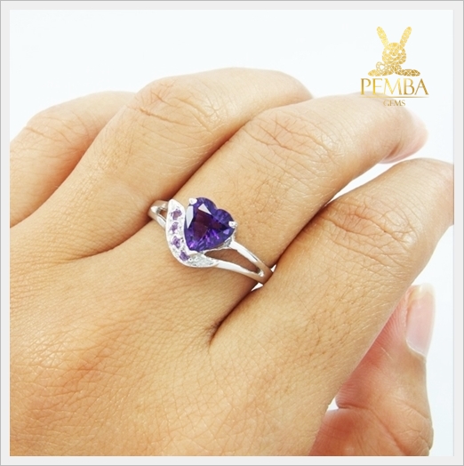 แหวนอเมทิสต์ ทรงหัวใจ เงินแท้925 ชุบทองคำขาว แหวนพลอยแท้