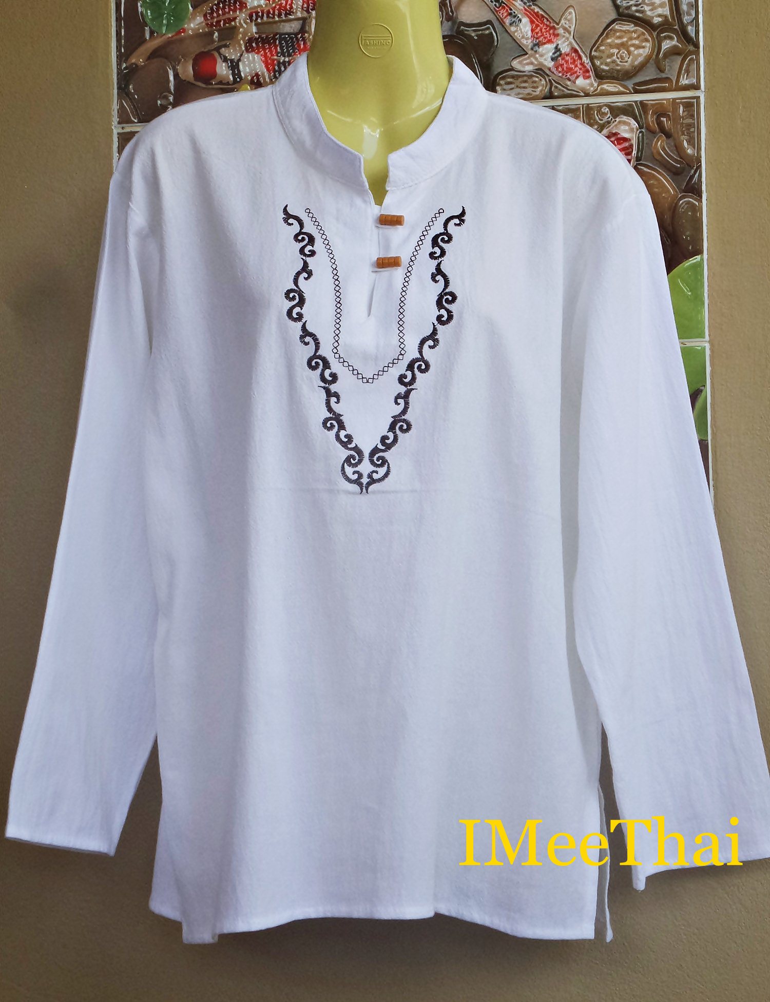 เสื้อ ลายไทย กนก ผ้าฝ้าย สีขาวแขนยาว