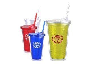 แก้วน้ำพลาสติก สองชั้น 2 ชั้น มีหลอด ผนังแก้วมีลาย Double Wall Mug