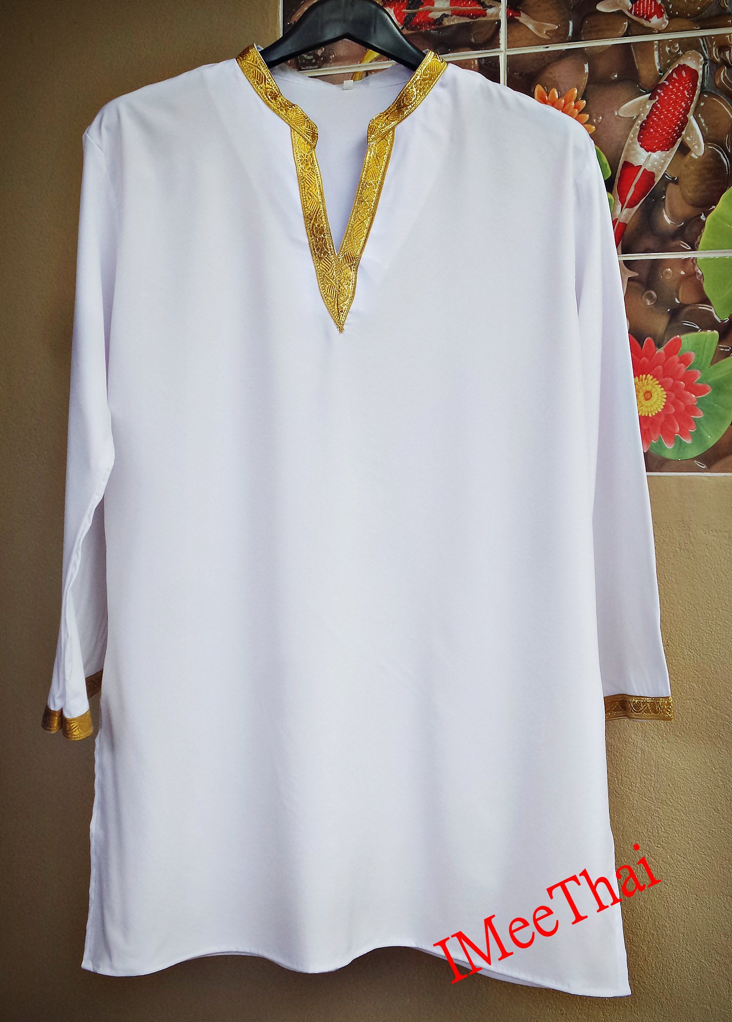 เสื้อ มนต์พิธี ดิ้นแถบสีทอง สีขาวแขนยาว