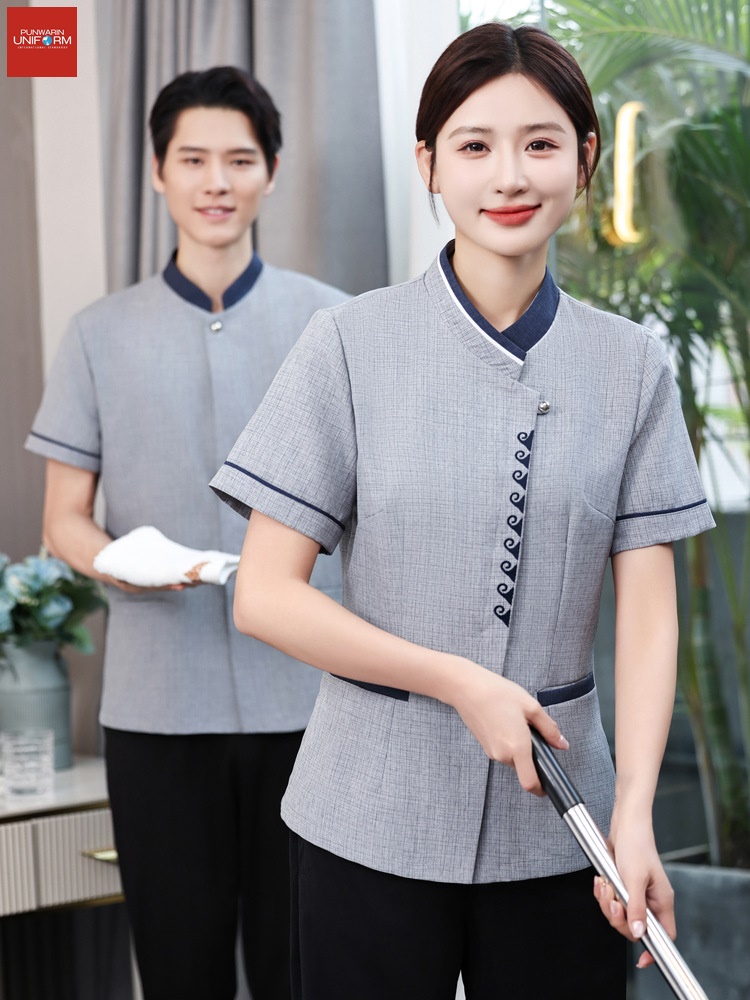 เสื้อพนักงานทำความสะอาด เสื้อแม่บ้าน เสื้อพ่อบ้าน เบลล์ ชุดพนักงานโรงแรม D6809003 เทา ฟ้า L-5XL