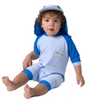 ชุดว่ายน้ำเบบี้หรือเด็กเล็ก Stingray Baby Romper แขนสั้นขาสั้นสีฟ้า กันรังสียูวี 50 + ไซส์ 1