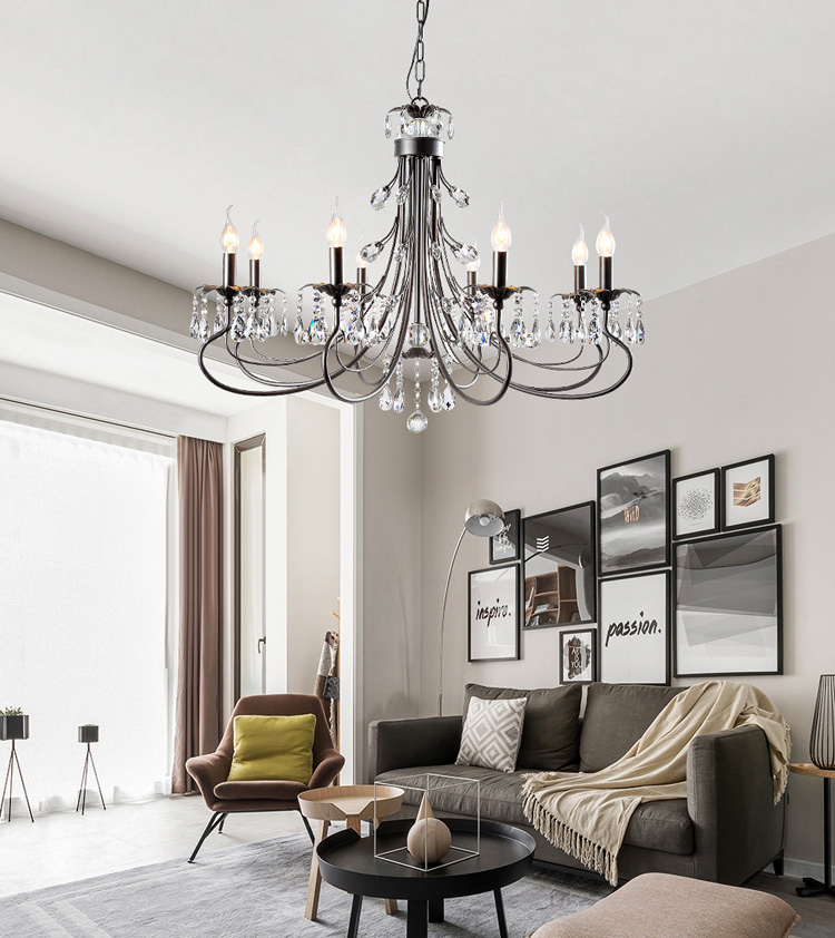 โคมไฟระย้าเหล็กดัดสีดำดวงไฟลายแท่งเทียนตกแต่งคริสตัลสไตล์อเมริกันโมเดิร์น [XD1176]