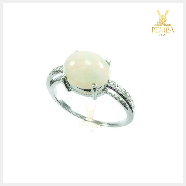 แหวนโอปอลขาว เงินแท้925 ชุบทองคำขาว เหลืองสีรุ้ง แหวนพลอยแท้