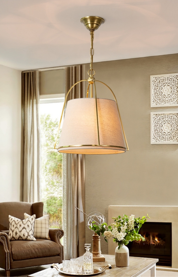 โคมไฟแขวนเพดานสไตล์คลาสสิควินเทจ โครงเหล็กสีทองโป๊ะผ้าโทนสีลินิน ทรงระฆังคว่ำ [D9399-4]