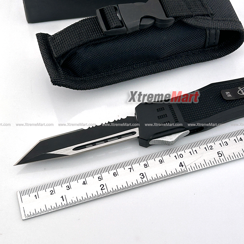 มีดสปริงตรง Microtech ขนาดกลาง ใบ Tanto คมด้านเดียว กึ่งหยัก Combat Troodon 00556 D/E Automatic Knife Camping Tool