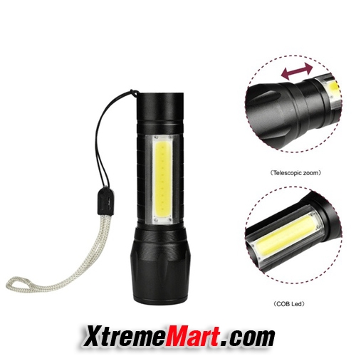 ไฟฉายซูมขนาดเล็ก+โคมไฟ COB ด้านข้าง แสงขาว 3 โหมด พร้อมสายชาร์จ USB ชาร์จได้ในตัว