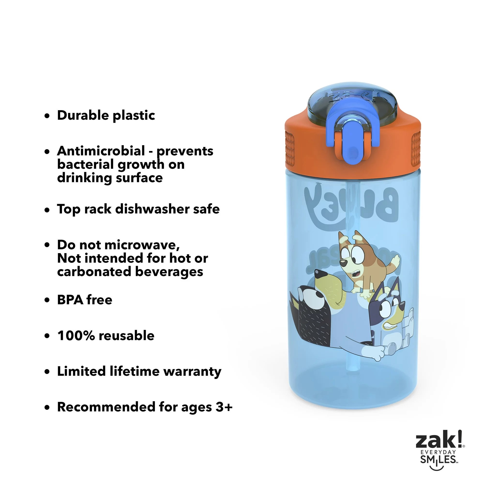 กระติกน้ำพร้อมหลอดดื่มสำหรับเด็ก Zak! Bluey 16 Oz. Reusable Water Bottle with Straw