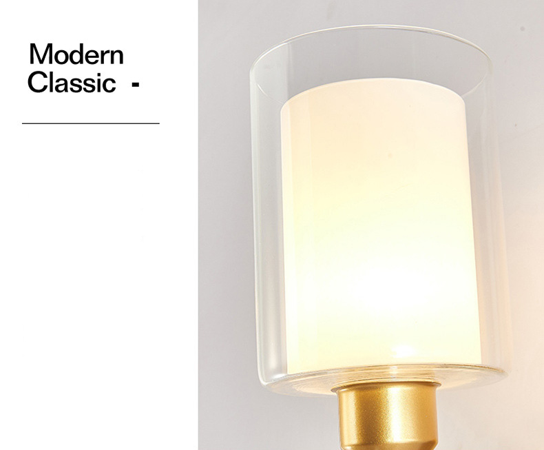 โคมไฟติดผนังภายใน โป๊ะโคมแก้วทรงกระบอก 2 ชั้น ตัวโคมสีทองสไตล์โมเดิร์นคลาสสิค [2034-gold]