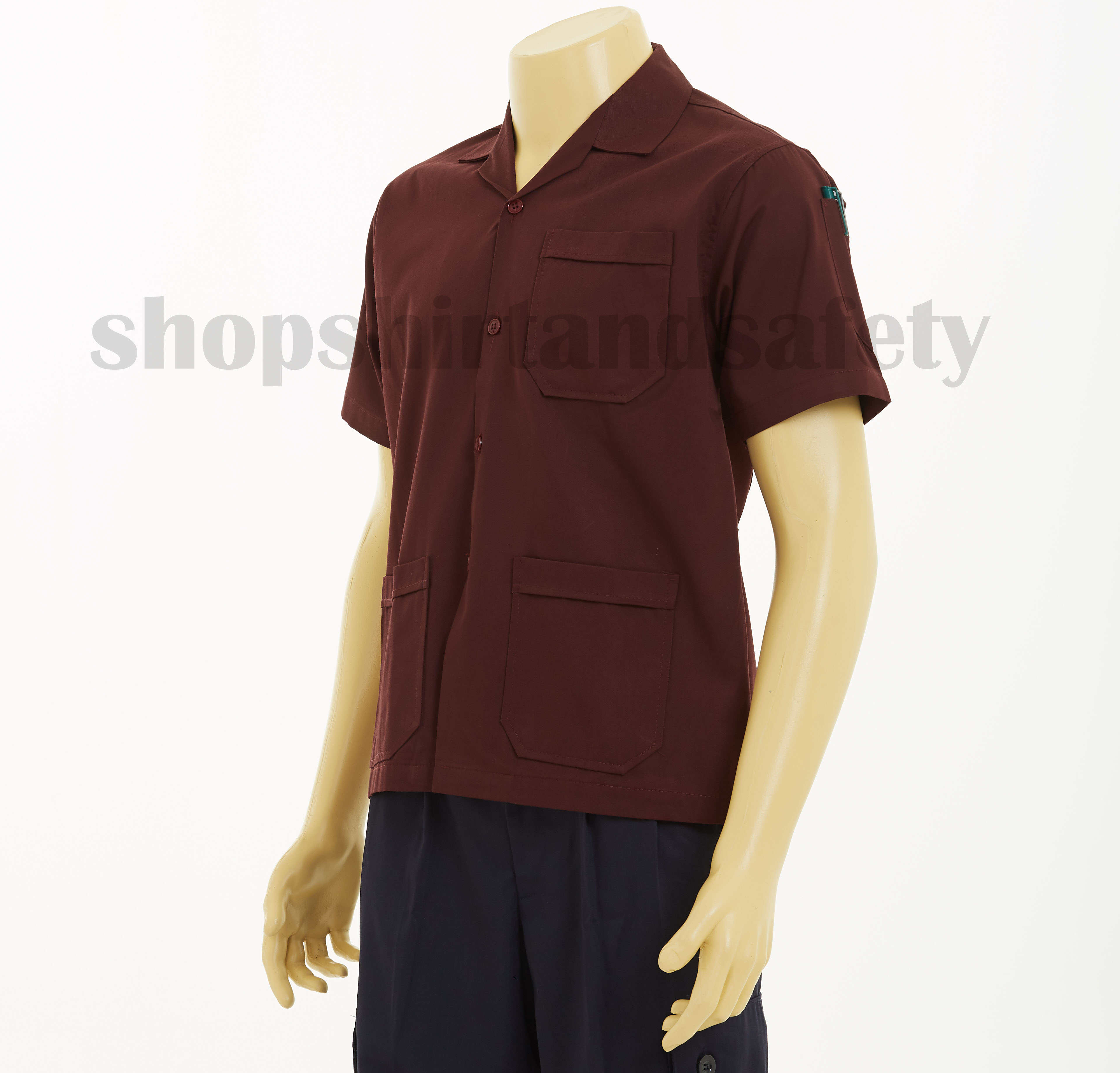 เสื้อช็อปแขนสั้นแบบสามกระเป๋าสีเลือดหมูล้วน