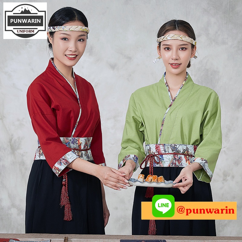 ชุดซูชิกิโมโนสไตร์ญี่ปุ่นเสริฟ สำหรับห้องอาหารญี่ปุ่นเกาหลีจีน เสื้อเชฟ พ่อครัว บริกร เสื้อซูชิ G6505001 สีภาพ S-2XL