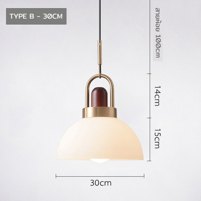 โคมไฟแขวนเพดานโป๊ะแก้วสีขาวนมหัวโคมสีทองตกแต่งไม้โทนสีวอลนัท [CX-28]