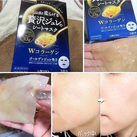(กล่องน้ำเงิน) Utena Premium Puresa Golden Jelly Collagen Face Mask (3 แผ่น/กล่อง) แผ่นมาส์กหน้าเนื้อเจลลี่ สูตรสารสกัด W คอลลาเจน เพื่อใบหน้ากระชับ เต่งตึง อุดมไปด้วยส่วนผสมของเอสเซนส์กรดอะมิโนเข้มข้น 8 ชนิด และน้ำแร่ธรรมชาติ ปราศจากน้ำ
