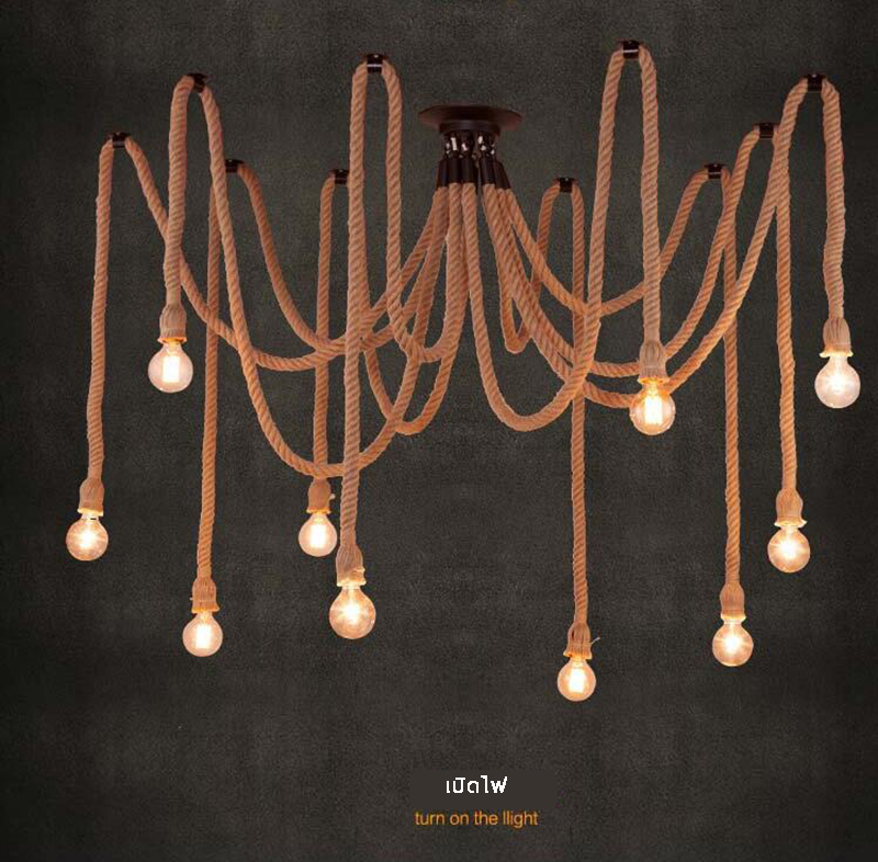 โคมไฟระย้าแขวนเพดานสไตล์วินเทจแบบสายเชือก 10 ดวง [ROP-190814-10]