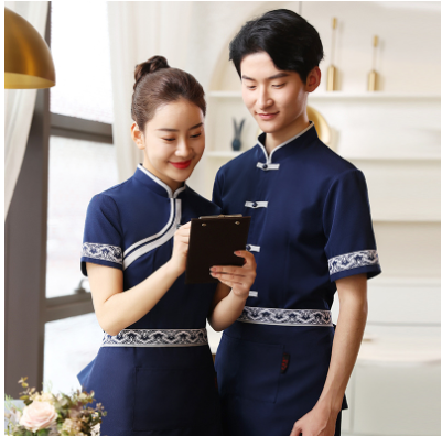 ชุดพนักงานภัตตาคารร้านอาหารจีนโรงน้ำชาญี่ปุ่นเกาหลี แขนสั้น F6706007 ขาว กรม S -3XL