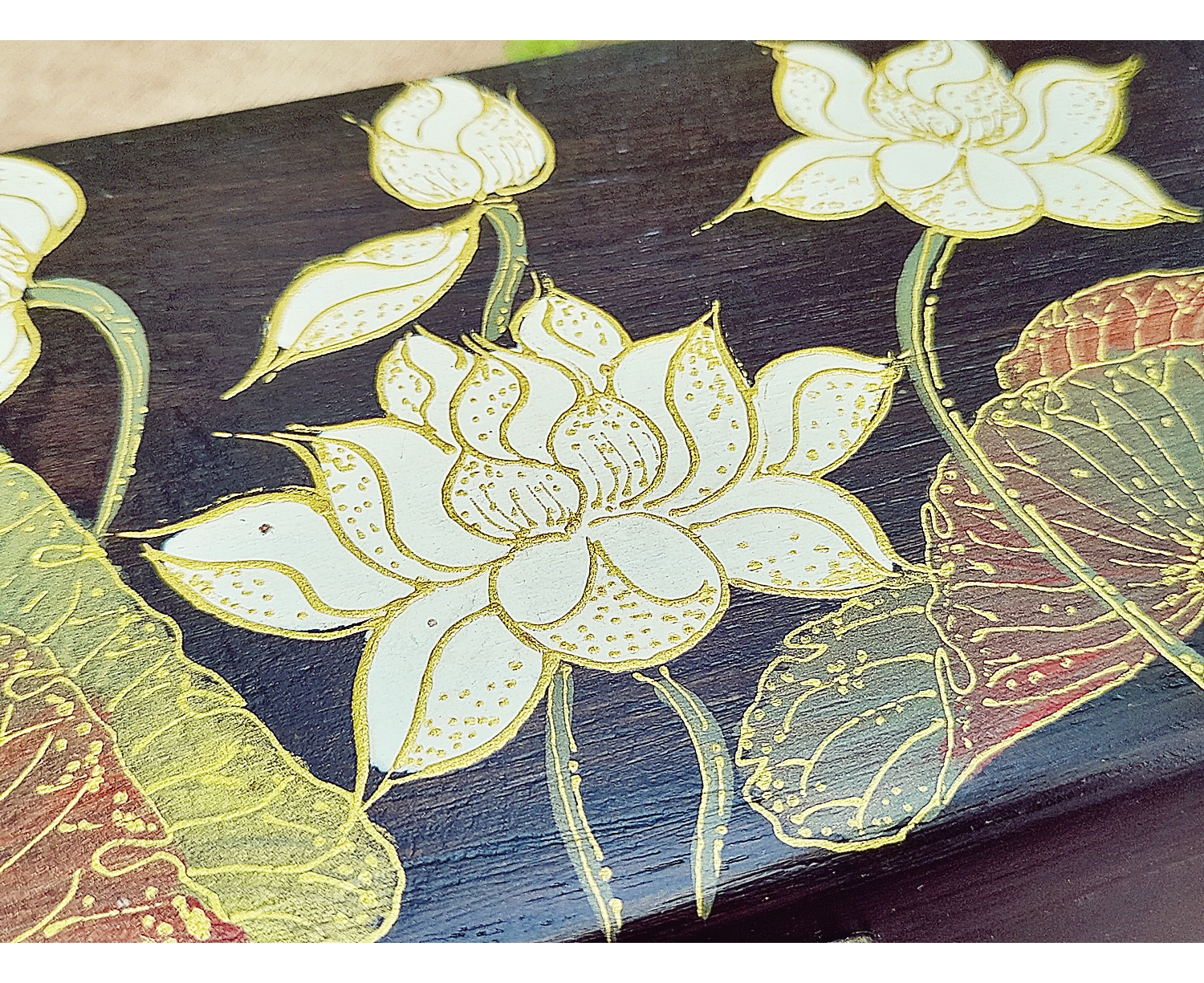 กล่อง หีบตลับกลัก เนื้อไม้สัก วาดลายดอกบัวขาว(งานฝีมือ) (ก9×ย18×ส5ซม) (ความหนาเนื้อไม้ 10มิล) - (ใส่เก็บของต่างหรือวัตถุมงคล แนวคลาสิคโบราณ วินเทจ Vintage แต่งบ้าน แต่งร้าน)