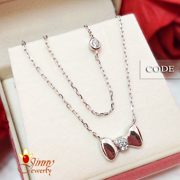 สร้อยเงินแท้ พร้อมจี้รูปโบว์ ประดับเพชร cz เม็ดเดี่ยว หนา 1.0 มิล