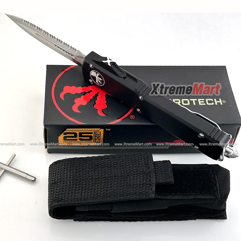 มีดสปริงขนาดกลาง Microtech (New Ultratech) หนึ่งคมหนึ่งหยัก ใบเงิน Combat Troodon 00556 D/E Automatic Knife