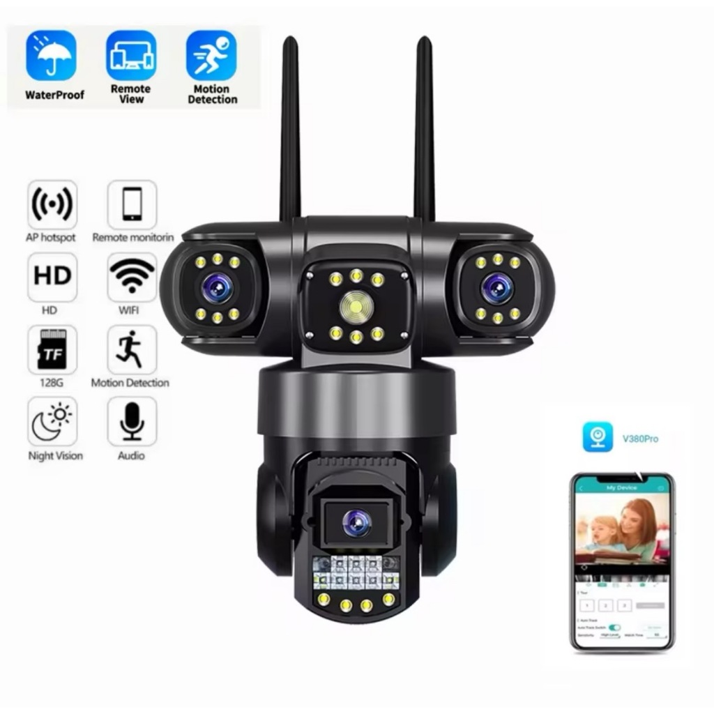 V380 Pro 3 เลนส์ 3 หน้าจอ พร้อมระบบ Wi-Fi PTZ สี การมองเห็นได้ในเวลากลางคืน การตรวจจับการเคลื่อนไหว ระบบเสียงสองทาง IP66