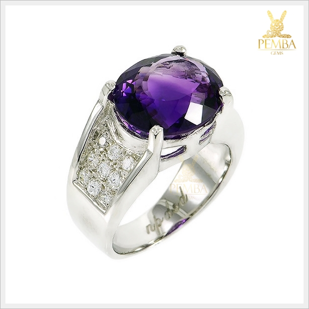 แหวนอเมทิสต์แท้ สีม่วงเข้มงดงาม เงินแท้ ชุบทองคำขาว แหวนพลอยแท้