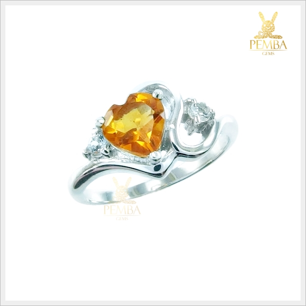 แหวนซิทรินแท้ ทรงหัวใจ เงินแท้925 ชุบทองคำขาว แหวนพลอยแท้