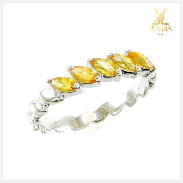 แหวนบุษราคัมแท้ ทรงมาคีส์ เก๋ๆ เงินแท้ ชุบทองคำขาว แหวนพลอยแท้