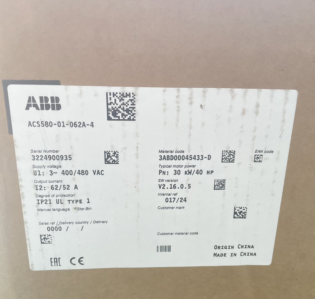 ABB INVERTER ACS580 MODEL:ACS580-01-062A-4+J400(40hp 30 kw)Input 3-Phase 380V Output 3-Phase 380V