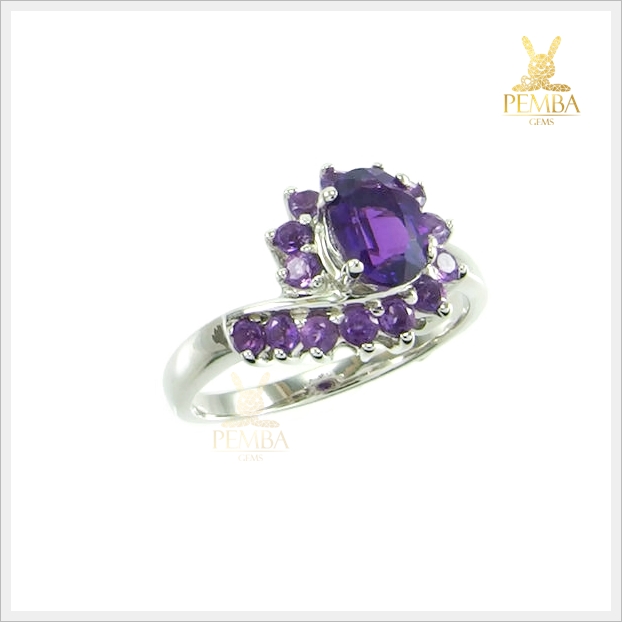 แหวนอเมทิสต์แท้ สีม่วงสวย เงินแท้ ชุบทองคำขาว แหวนพลอยแท้