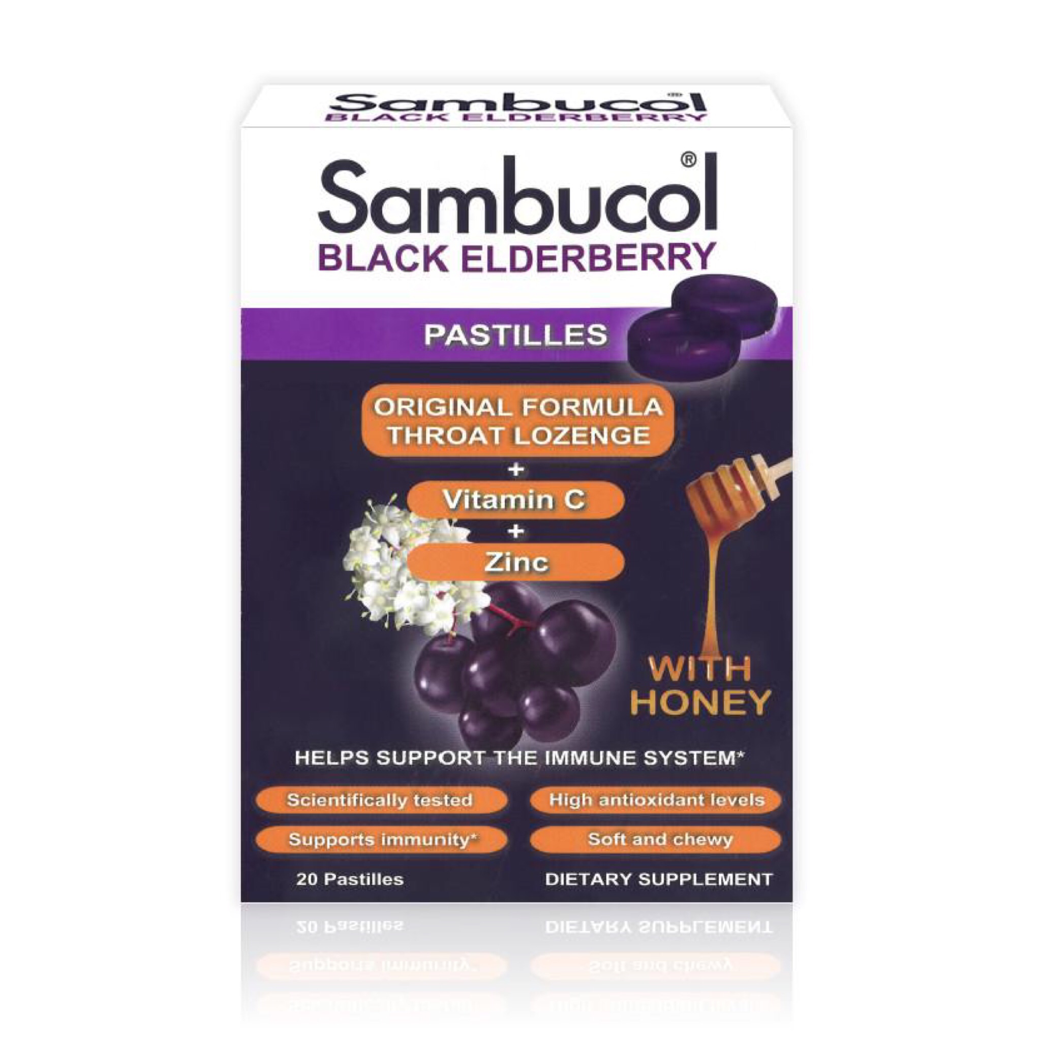 วิตามินเสริมภูมิคุ้มกันสำหรับเด็กโตและผู้ใหญ่ Sambucol Black Elderberry Pastilles Original Formula Throat Lozenge