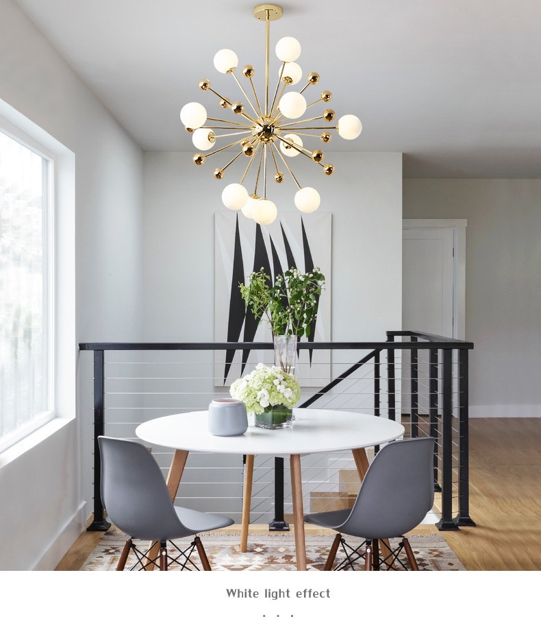 โคมไฟแขวนเพดานโครงสีทอง ทรง Dandelion โป๊ะแก้วสีขาวกลม สไตล์ Northern Europe