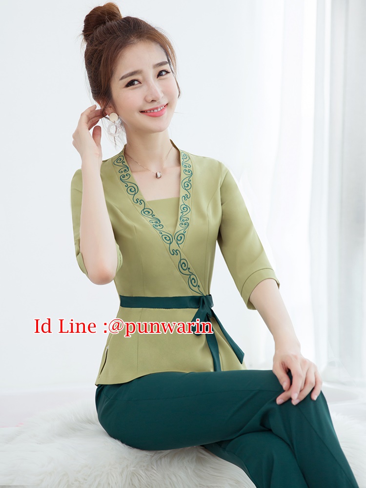 ชุดพนักงานนวดสปา ชุดพนักงานเสริมสวย ชุดนวดแผนไทย S6309003 เขียว S-3XL