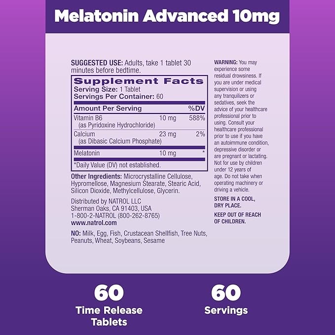 วิตามินเสริมการนอนหลับสำหรับผู้ใหญ่ NATROL Melatonin Advanced Sleep Time Release 10mg Maximum Strength (60 Tablets)