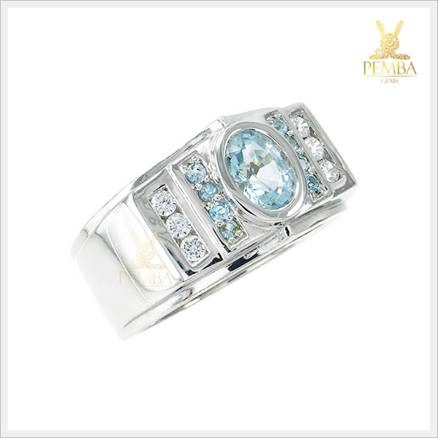 แหวนอะความารีนแท้ เงินแท้925 ชุบทองคำขาว แหวนพลอยแท้