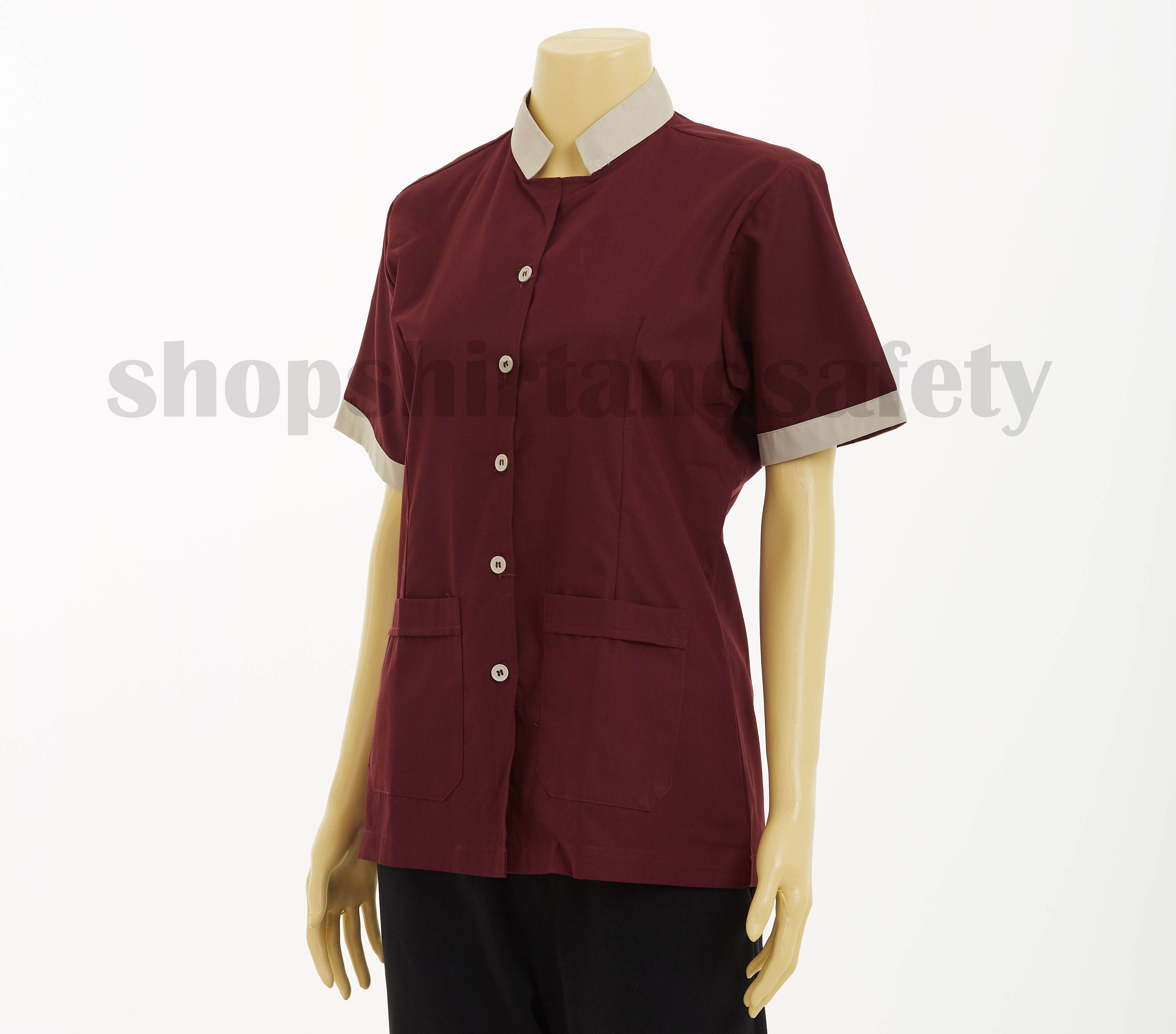 เสื้อแม่บ้านแขนสั้นคอจีนแบบเลือดหมูปกครีม