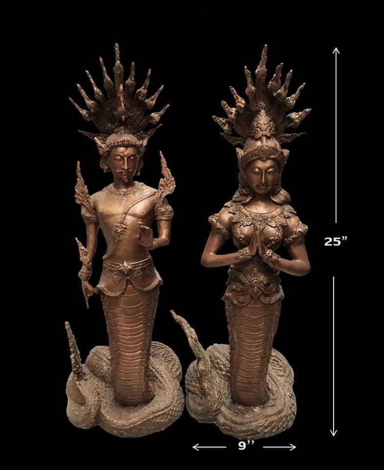 รูปหล่อ พญานาคราช คู่ (ท่านปู่นาคา-ปู่ศรีสุทโธ ท่านยานาคี-ศรีปทุมวัน) พญานาคปรก 9ตน 9หัว โลหะทองเหลืองรมดำ (ขนาดบูชา องค์ขนาดใหญ่ สูง 25นิ้ว) (ขายปลีก ขายส่ง)