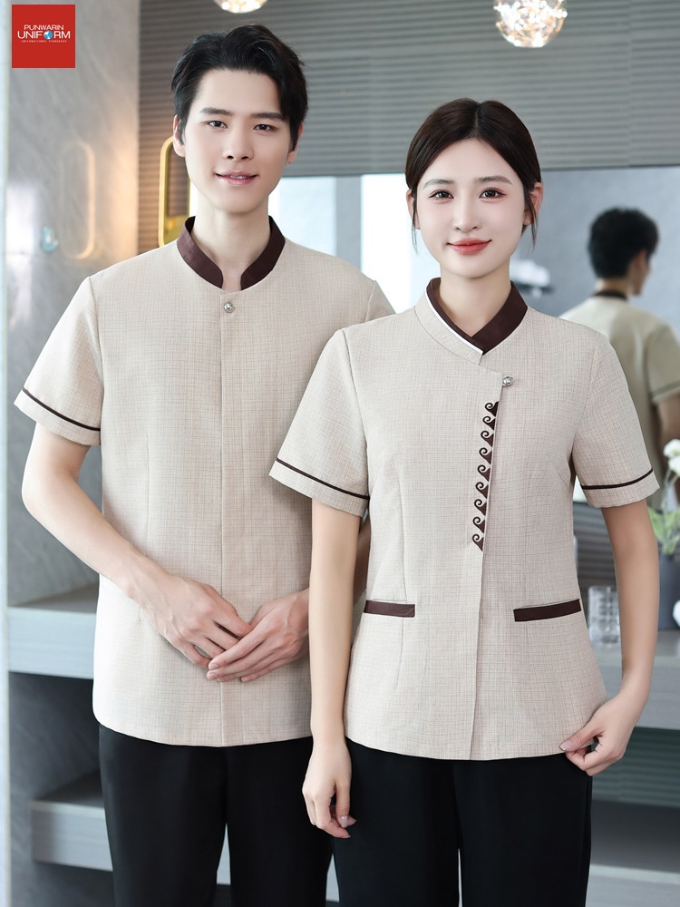 เสื้อพนักงานทำความสะอาด เสื้อแม่บ้าน เสื้อพ่อบ้าน เบลล์ ชุดพนักงานโรงแรม D6809003 เทา ฟ้า L-5XL