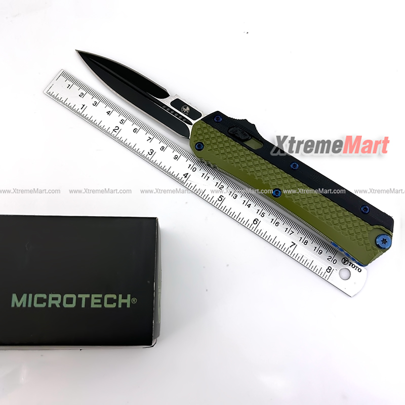 มีดสปริงขนาดใหญ่ Microtech (ด้ามอลูมินั่ม 2-Tone) 2คมเรียบ ใบดำ ด้ามเขียว คลิปสีน้ำเงิน Combat Troodon Automatic Knife
