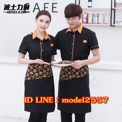 F6012006 เสื้อฟอร์มพนักงานร้านอาหารกาแฟโรงแรม แขนสั้นผ้าฝ้ายปกเชิ้ต SKU-00595