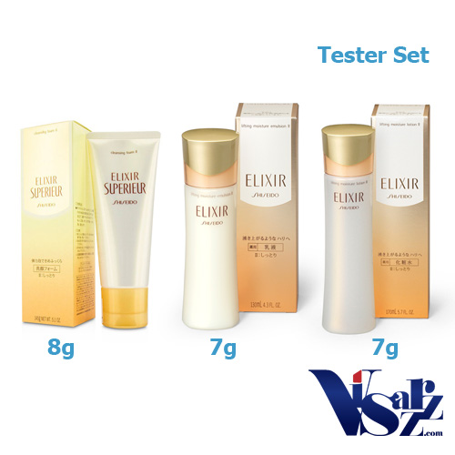 (Tester Set 4 ชิ้น, รูปเป็นขนาดจริง) Shiseido Elixir 4 Items เซทที่ช่วยบำรุงยกกระชับผิวพร้อมทำความสะอาดผิวหน้าให้กระจ่างใส อิ่มเอิบ ยืดหยุ่น และชุุ่มชื้นจนถึงชั้นผิวภายใน