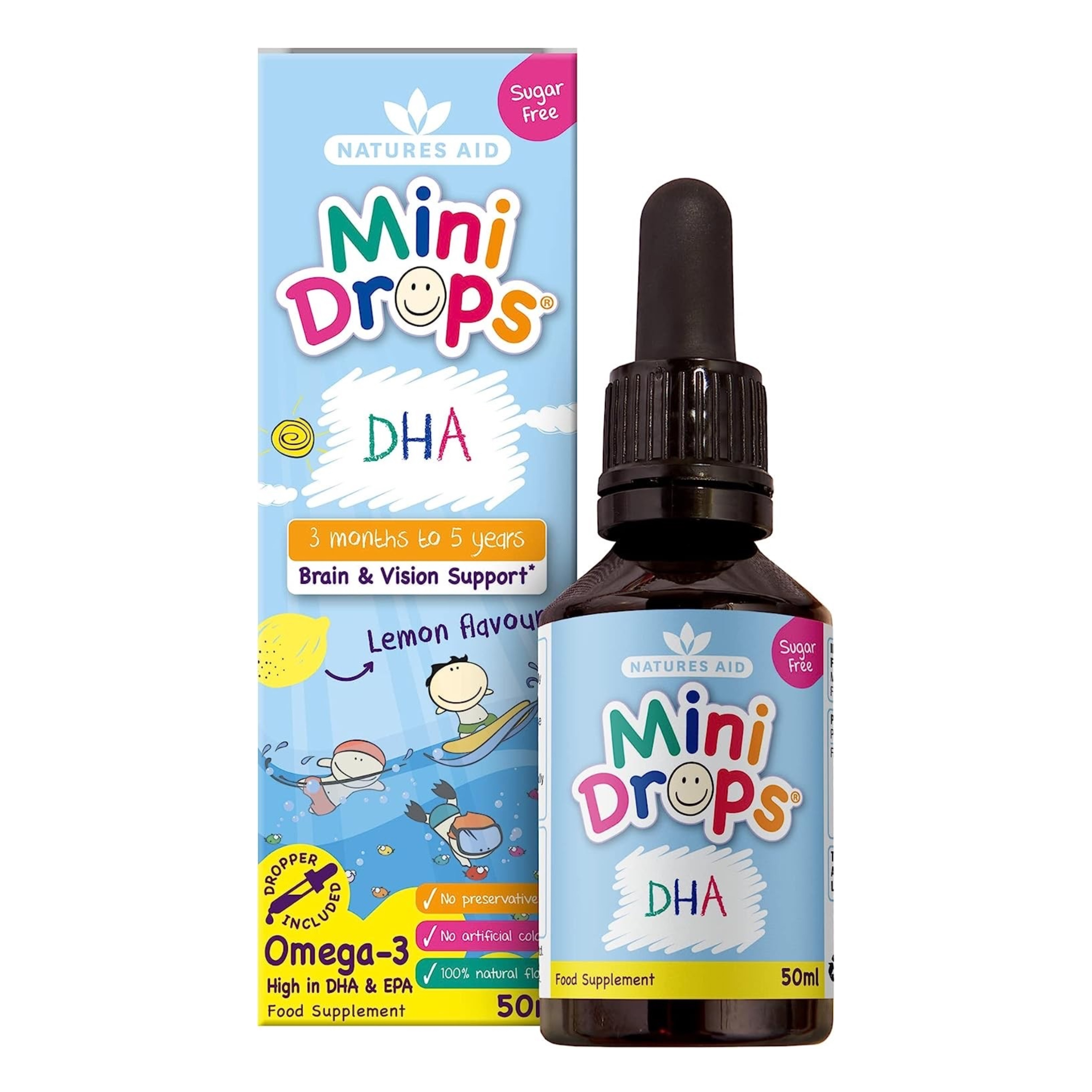 วิตามินบำรุงสมองสำหรับเด็ก Natures Aid Mini Drops DHA Omega-3 Brain & Vision Support