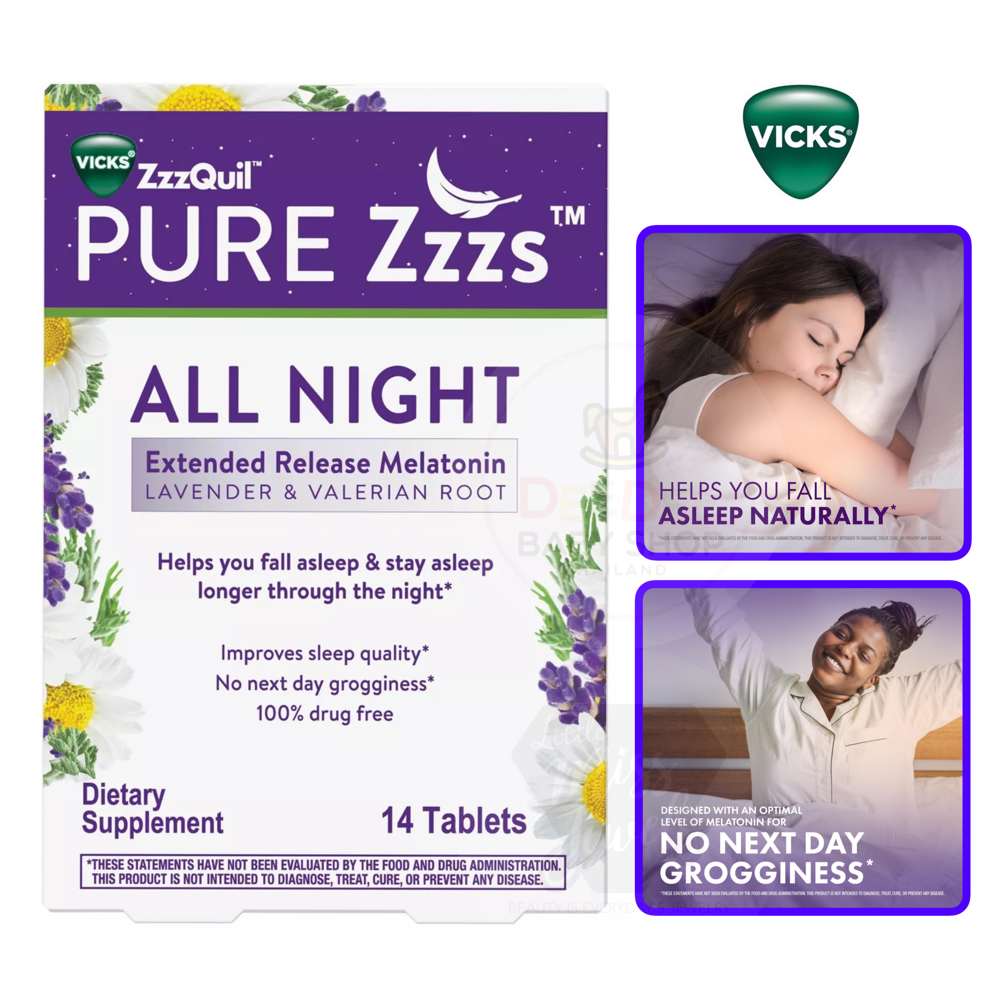 วิตามินเสริมการนอนหลับสำหรับผู้ใหญ่ Vicks ZzzQuil PURE Zzzs ALL NIGHT Extended Release Melatonin (14 Tablets)