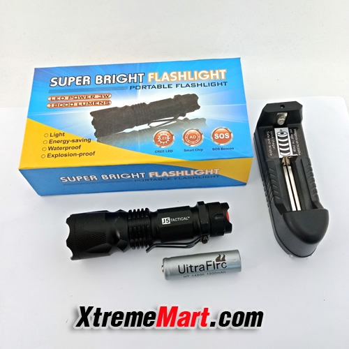 ชุดเซตไฟฉายพกพา J5 Tactical V1-Pro แสงขาว สว่าง 400 ลูเมน 3 Mode Ultra Bright Flashlight พร้อมแบตเตอรี่และเครื่องชาร์จ