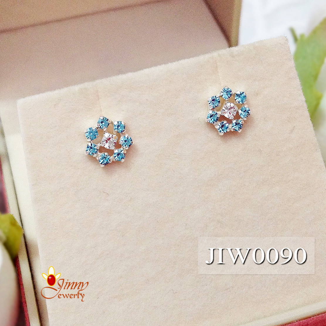 ต่างหูเงินแท้จิ๋ว ลายดอกไม้ประดับเพชร cz สีขาวฟ้า