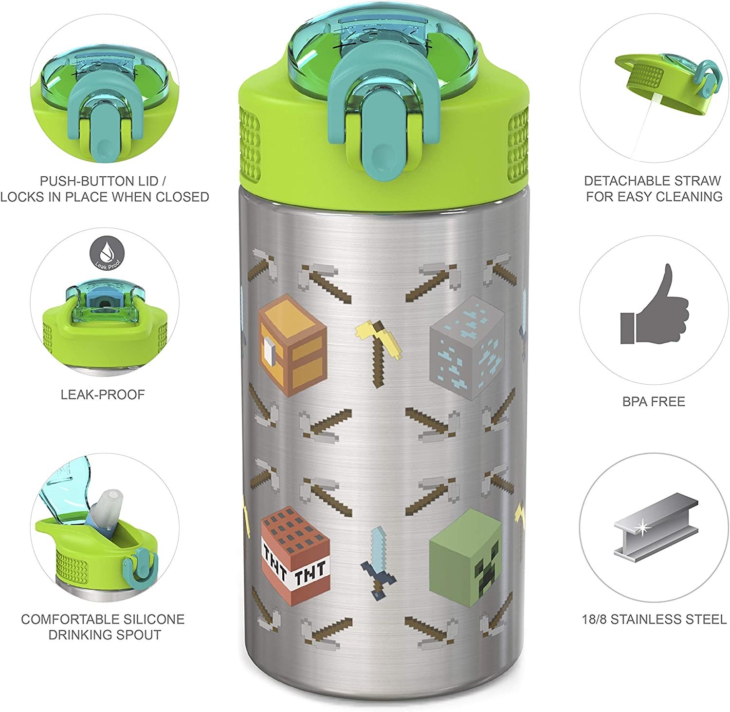 กระติกน้ำสเตนเลสพร้อมหลอดดื่ม Zak! Minecraft Creepers 16 Oz. Stainless Steel Water Bottle